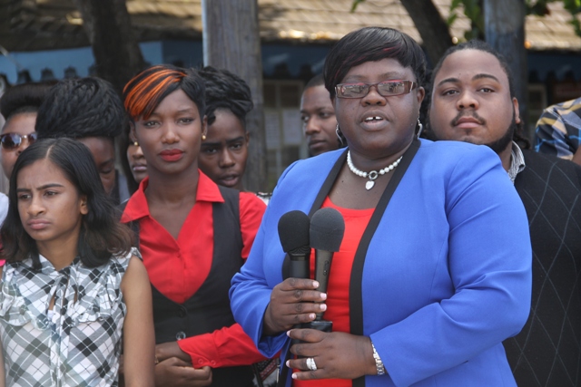 Minister responsible for Youth in the Nevis Island Administration Hon. Hazel Brandy-Williams with a group of youths from Nevis, at the Charlestown Pier on April 04, 2016, moments before their departure for St. Kitts to attend a forum as part of Diplomatic Week 2016